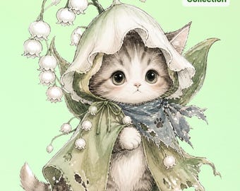 Floral Cat Clipart PNG, Lily of the Valley Kitten, Watercolor Spring Cottagecore (Digital Download)