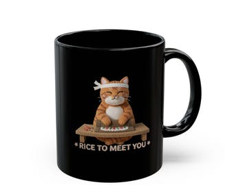 Sushi Cat Mug, Knitted Ginger Cat, Rice to Meet You, Black Ceramic Coffee Cup