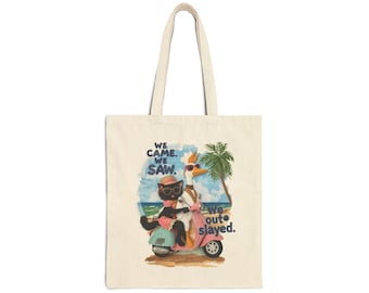 Cat and Duck Scooter Tote Bag, Vintage Illustration, Cotton Canvas Bag