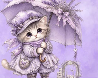 Floral Cat Clipart PNG Bundle, Lavender Flower, Cottagecore Kitten, Purple Watercolor Cat Sublimation Digital