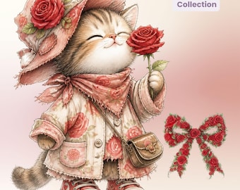 Floral Cat Clipart PNG, Red Rose Kitten, Cottagecore Watercolor Bundle (Digital Download)