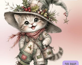 Holly Mistletoe Kitten Clipart, Watercolor Christmas Cat PNG Bundle (Digital Download)