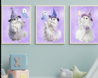 Pastel Halloween Cat Witch Prints, Set of 3 Nursery Decor (Digital Download)