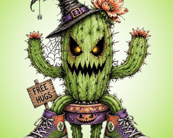 Spooky Halloween Cactus PNG, Free Hugs Witch Hat Clipart (Digital Download)
