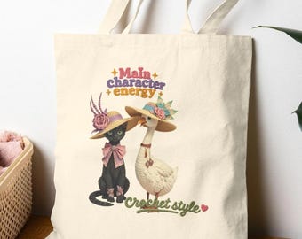 Main Character Energy Tote Bag, Crochet Cat Goose Canvas Shopper, Beach Bag