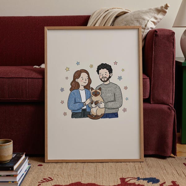 Portrait personnalisé de couple et d'animal de compagnie | Illustration minimaliste à partir d'une photo | Art familial personnalisé | Cadeau d'anniversaire de maman chien | Papa chat cadeau
