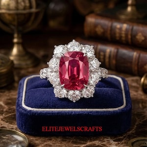 Puede incluir: Un anillo con una gran piedra preciosa roja de corte rectangular tipo cojín en el centro, rodeada por un halo de piedras redondas, claras y de corte brillante montadas en una banda metálica. El texto ELITEJEWELSCRAFTS aparece en rojo abajo.