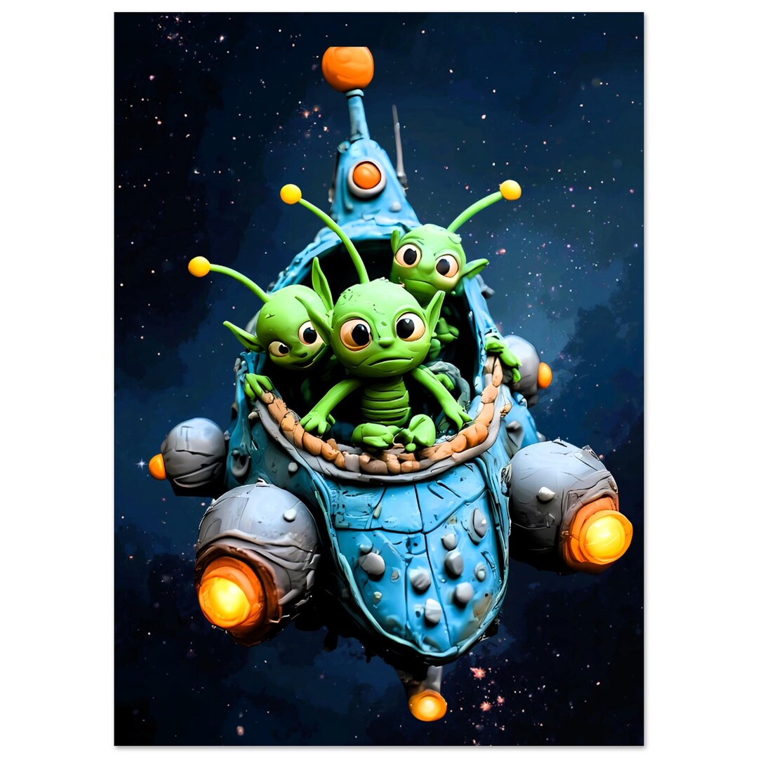 Stars - Alien Spaceship Poster - Clay Style UFO Art - Whimsical Sci-fi ...