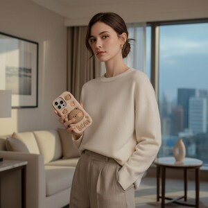May include: A beige phone case with a 3D bear design. The case has a light brown bear with a round face and the word "BEAR" printed below. The case is held in front of a person wearing a cream-colored sweater.