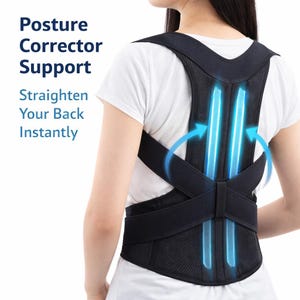 May include: Black posture corrector support worn on a person's back. The support has a mesh back panel and adjustable straps. Text on the left reads "Posture Corrector Support. Straighten Your Back Instantly."