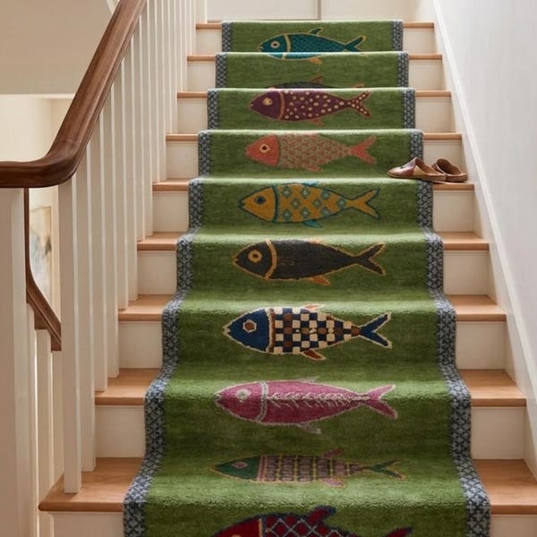 Koi Fish Green Oushak Runner Rug 2x15, Soft Wool Runner for Corridor, Kitchen Decor