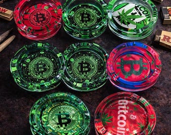 Bitcoin Blatt Design Runder Glasaschenbecher - Sortiert (8,5 x 3,5 cm)