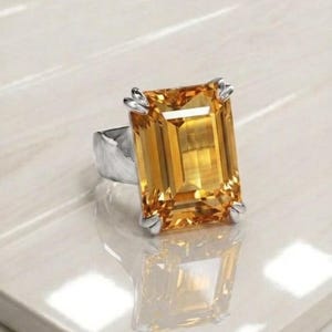 Large Citrine Emerald Cut Statement Ring  12x16mm Genuine Sterling Silver Cocktail Ring  Big Yellow Stone   Gift for Her