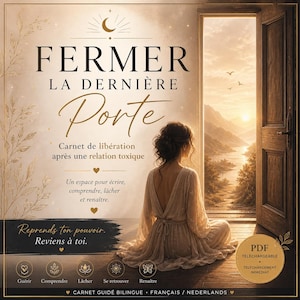 May include: A digital download cover with the title "FERMER LA DERNIÈRE Porte" in gold lettering. The image features a woman sitting in front of an open door with a scenic view. The text includes "Carnet de libération après une relation toxique."