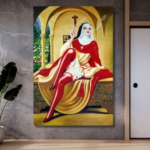 Puede incluir: Pintura de una monja con hábito rojo y blanco, fumando un cigarrillo. Está sentada sobre una superficie decorativa, con una cruz encima. El fondo presenta una estructura arqueada y una escena de jardín.