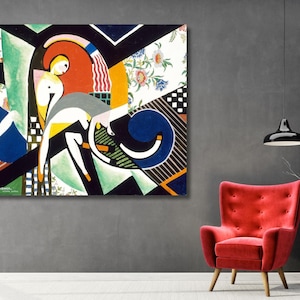 May include: Abstract art print featuring geometric shapes and figures in a vibrant color palette. The artwork includes a woman in a white dress, set against a backdrop of floral patterns, black lines, and bold colors like red, blue, and green.