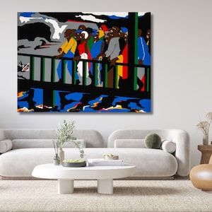 May include: Abstract painting featuring figures in colorful clothing leaning on a railing. The artwork uses bold colors like blue, yellow, and red against a black and gray background. The painting is displayed on a white wall.