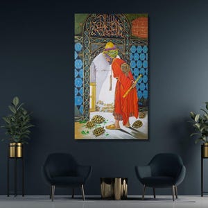 May include: An artistic painting depicts two figures in traditional attire, one in red and the other in white, examining several turtles. The background features an ornate archway with intricate patterns and blue tilework.