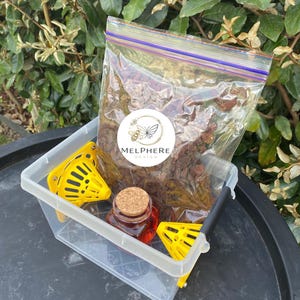 Op de afbeelding: Een doorzichtige plastic container bevat een zak met bruine items, twee gele plastic gereedschappen en een kleine glazen pot met een kurk. De pot bevat een rode vloeistof. Een sticker met de tekst "MELPHERE DESIGN" is zichtbaar.