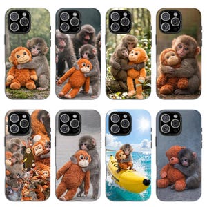 May include: A collection of phone cases featuring images of monkeys hugging stuffed monkey toys. The cases have a variety of backgrounds, including a forest, a group of monkeys, and a beach scene with a banana boat.