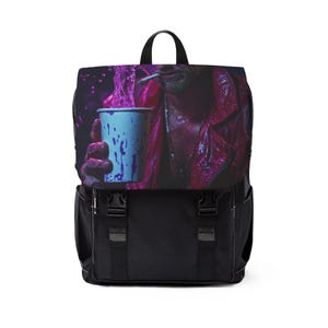 May include: Black backpack with a graphic print of a person holding a blue cup with purple liquid. The person is wearing a red jacket. The backpack has a black base with two front straps and a top handle.