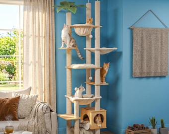XL krabpaal van hout en sisal - Kattentoren van vloer tot plafond met hangmat en acryl voerbak - Modern en robuust kattenmeubel