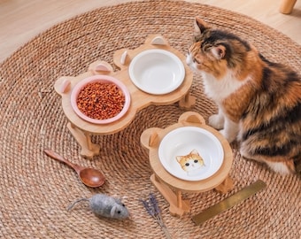 Comedero personalizado de bambú para gatos - Cuenco elevado con diseño de orejas de gato - Soporte de cerámica con doble grabado