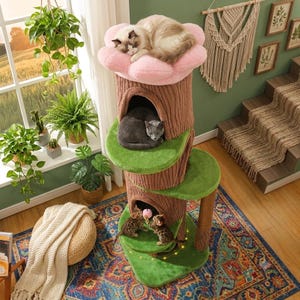 Whimsical Floral Cat Tree Tower Tall Woodland Cat Condo with 4 Houses Modern Aesthetic Cat Furniture Large Multi Cat Scratching Post