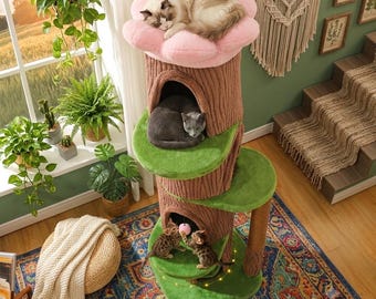 Whimsical Floral Cat Tree Tower Tall Woodland Cat Condo with 4 Houses Modern Aesthetic Cat Furniture Large Multi Cat Scratching Post