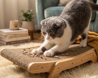 Rascador para gatos 3 en 1 de madera maciza | Rascador angular de diseño escandinavo | Muebles para gatos duraderos y ecológicos