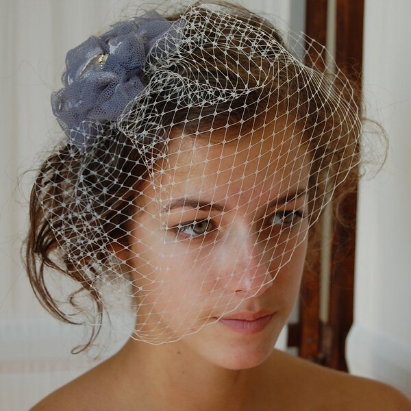 Upcycled Vintage Lavender Lace & Tulle Flower with Vintage Rhinestone Center and Ivory Russian Netting Veil