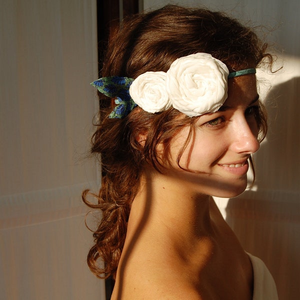 Ivory Silk Chiffon Twisted Rosettes with Recycled Silk Indian Sari Leaves Headband