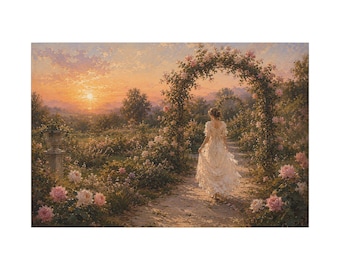Wild Rose Garden Wall Art | Woman Walking Through Blooming Roses Canvas Print