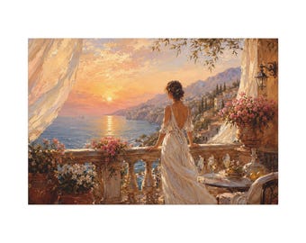 Mediterranean Seaside Wall Art | Woman on Coastal Balcony Canvas Print