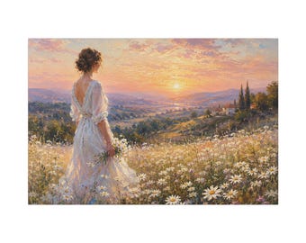 Daisy Meadow Wall Art | Woman in Spring Flower Field Canvas Print