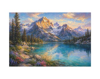 Impressionist Mountain Lake Wall Art, Alpine Landscape Painting, Turquoise Lake Print, Mountain Nature Decor, Luxury Wall Art