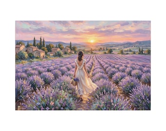 Woman Walking Through Lavender Field Canvas | Sunset Landscape Wall Art
