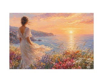Woman in White Dress Watching Sunset Canvas | Seaside Floral Landscape Wall Art