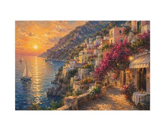 Amalfi Coast Sunset Wall Art, Italian Coastal Landscape Print, Mediterranean Impressionist Painting, Positano Home Decor