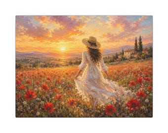 Impressionist Poppy Field Wall Art | Woman in Flower Meadow Canvas Print