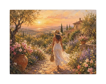 Woman in White Dress Walking Through Tuscan Garden Matte Canvas