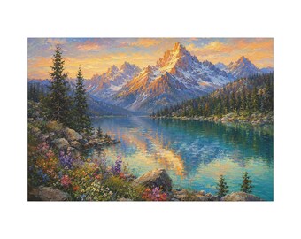 Alpine Mountain Lake Wall Art, Impressionist Landscape Painting, Snowy Peaks & Turquoise Lake, Nature Home Decor