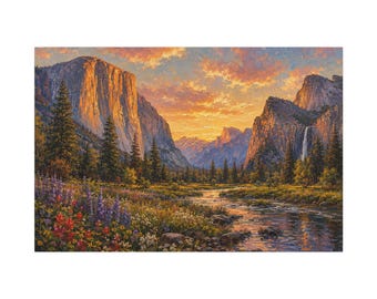 Yosemite National Park Wall Art, Impressionist Mountain Landscape, Golden Sunset Painting, Rustic Cabin Decor, Nature Print