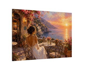 Mediterranean Café Terrace Print, Impressionist Coastal Sunset Wall Art, Woman by the Sea Painting, Italy France Decor