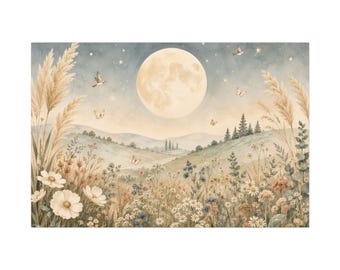 Boho Moon Nursery Wall Art, Wildflower Meadow Print, Neutral Baby Room Decor, Scandinavian Moon Poster, Gender Neutral Kids Wall Art