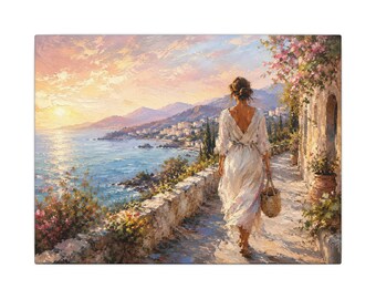 Woman Walking Coastal Path Wall Art | Dreamy Mediterranean Canvas Print