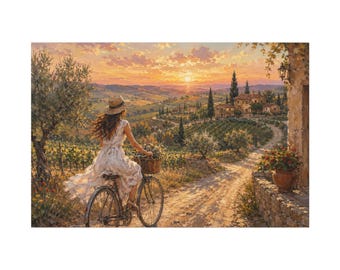 Tuscan Countryside Bicycle Print, Impressionist Italy Wall Art, Woman in White Dress, Tuscany Sunset Landscape, Vintage Bike Wall Decor