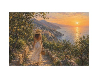 Italian Lemon Garden Wall Art | Woman Walking Through Mediterranean Sunset Canvas Print