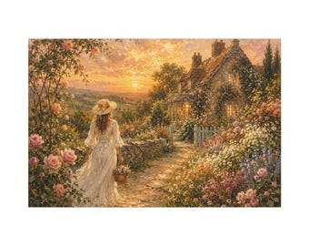 Romantic Cottage Garden Wall Art | Woman in Flower Garden Canvas Print