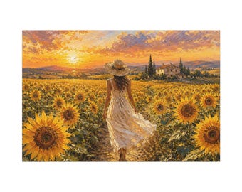 Sunflower Field Wall Art | Woman Walking Through Golden Meadow Canvas Print